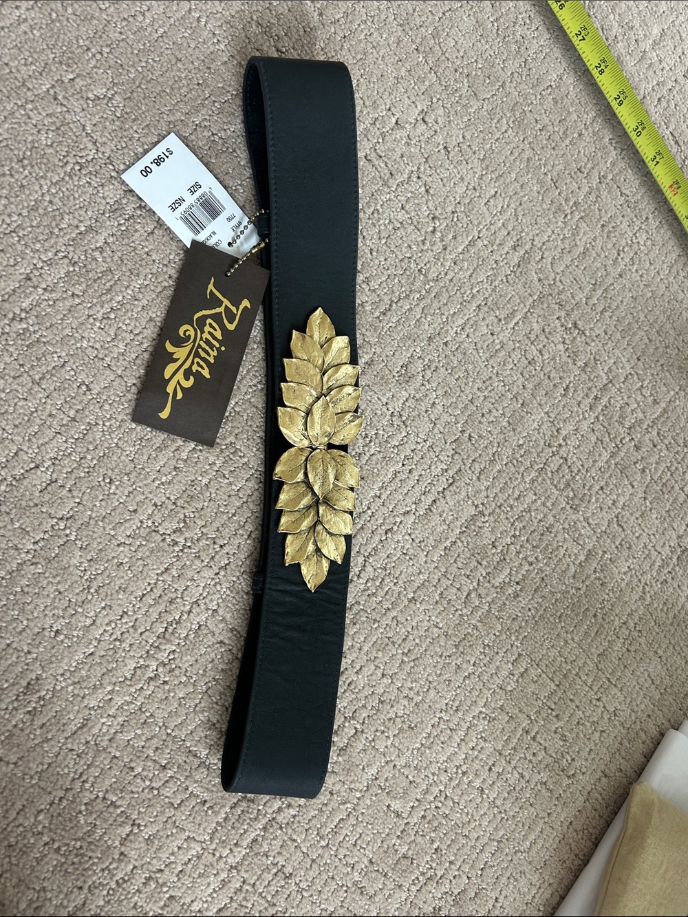 Black Elastic Waist Belt with Gold Leaf Detail